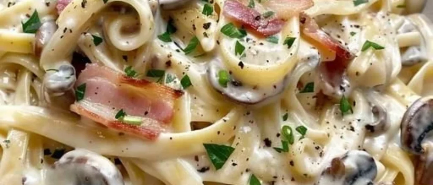 Krémové fettuccine so slaninou a šampiňónmi Krémové fettuccine so slaninou a šampiňónmi